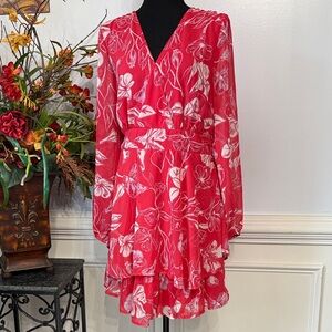 NWT Japna Floral Pink Ling Sleeve Flowing V Neck Swing Dress L